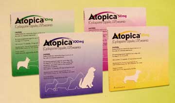 Labels on four boxes of Atopica