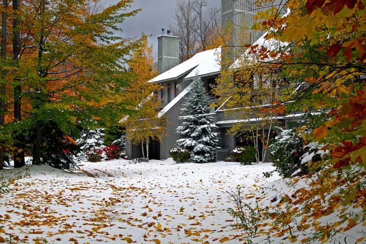 Snow in October at Hamlet Village condos in Harbor Springs northern Michigan